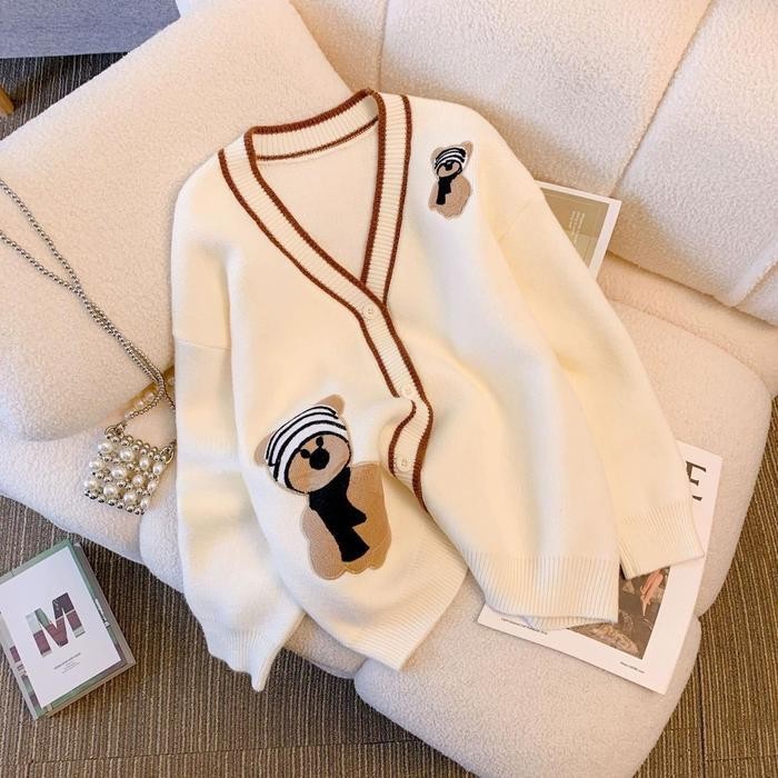Cardigan Rajut Teddy Bear Wanita Lengan Panjang Knitwear Santai Wol Polos Vneck Baju Tebal Oversize 
