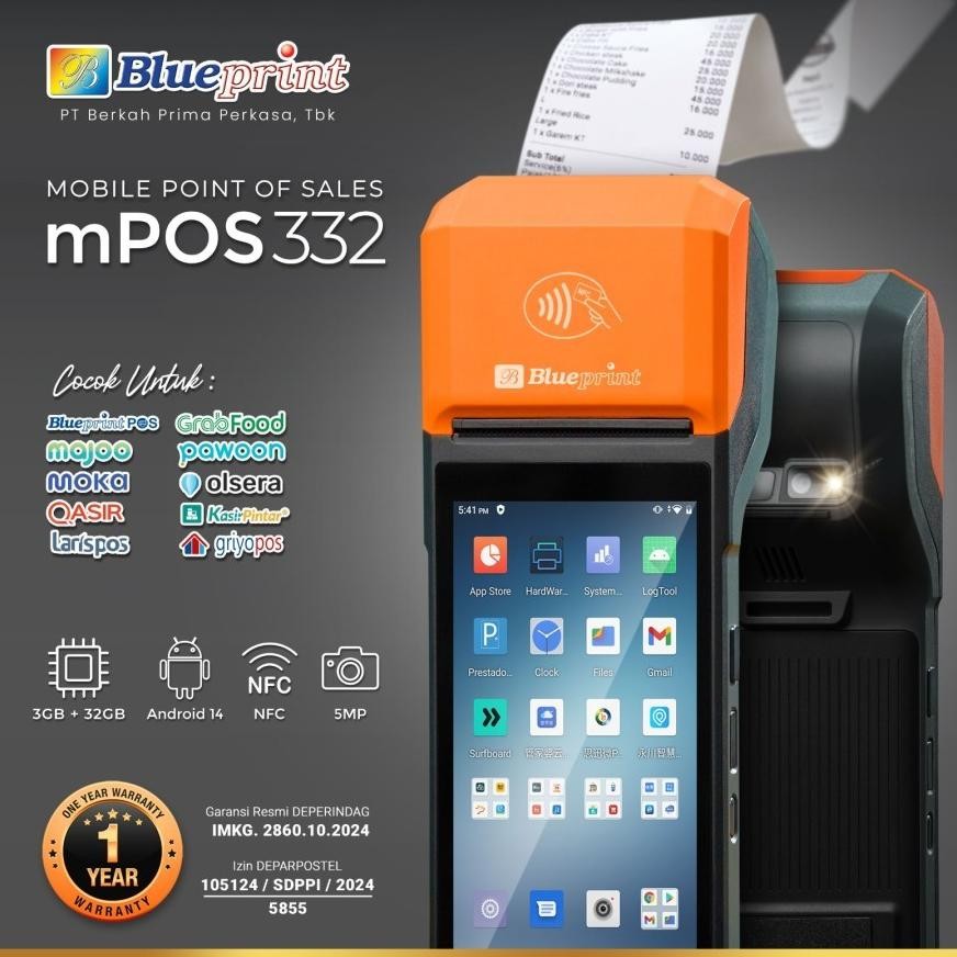 NEW MPOS 332 BLUEPRINT Mobile POS Printer Thermal Kasir Android NFC, Slot SIM Card GSM, Micro SD, Wi
