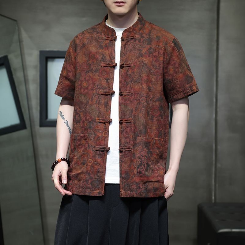 Kemeja Pria Ringan Lengan Pendek Katun Linen Cetak Setelan Longgar