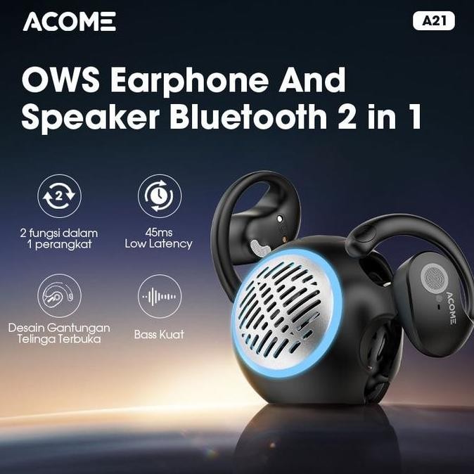 Acome A21 Earphone Ows And Speaker Bluetooth 5.4 2In1 Low Latency Stereo Super Bass New Stok