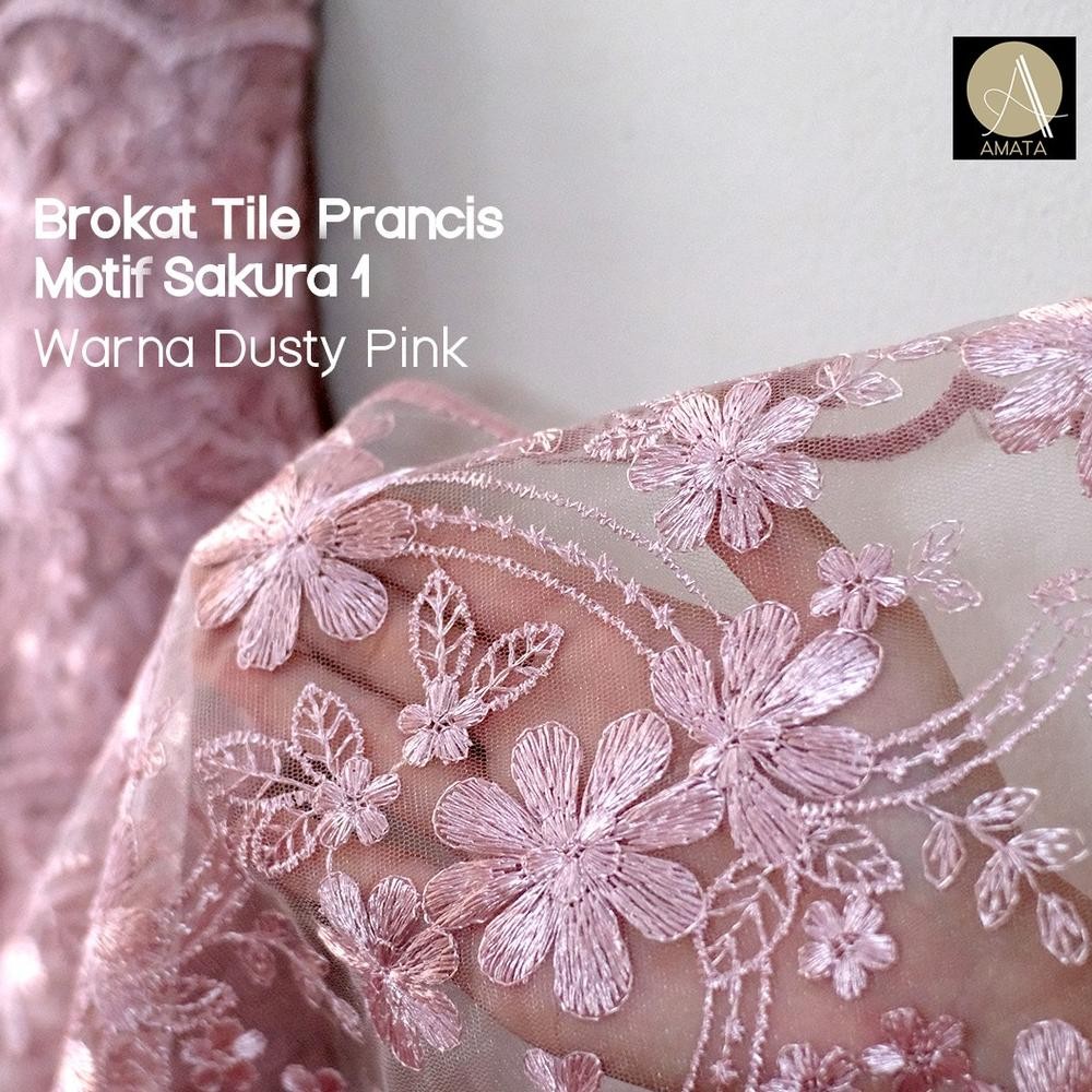 SY 1/2 Meter Kain Brokat Brukat Tile Prancis Bahan Kebaya Motif Sakura Warna Dusty Pink Amata
