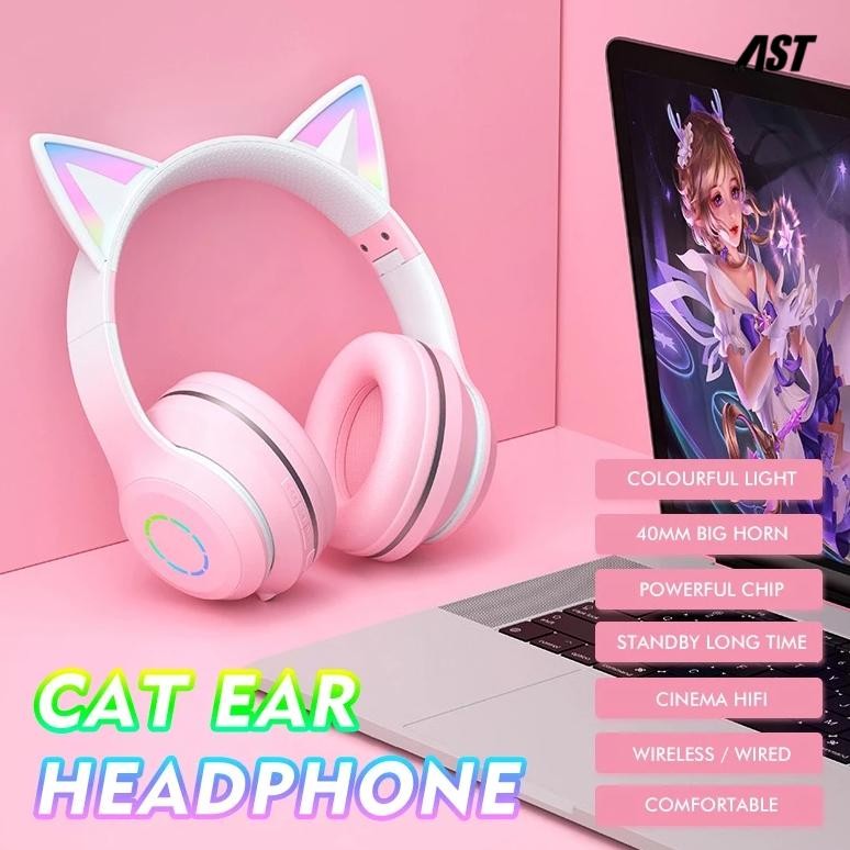 Terlaris Headphone Cat Bluetooth Mikropon Wireless Headset Led Stereo Bass Hi-Fi Sound Stereo Cocok 