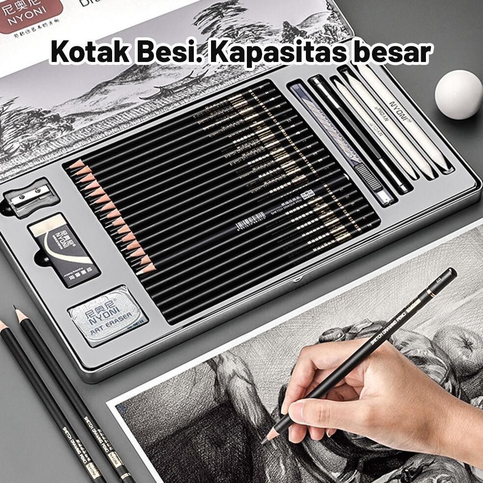 

RB Nyoni Sketch Drawing Pencil / Pensil Grafit Charcoal Arang 29 Pcs Set Tin Case