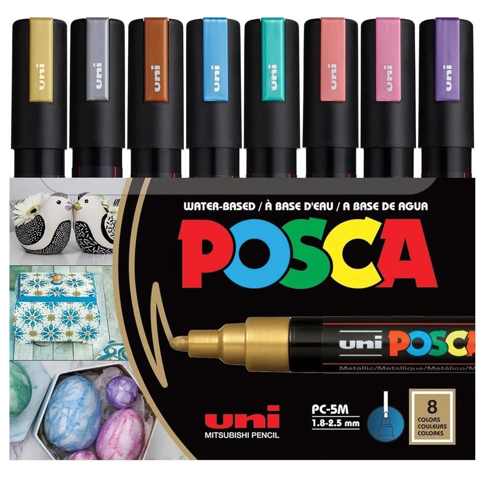 

Posca Markers Set, 8 Medium Paint Markers 5M Metallic Tones Gold, Silver, Bronze, Metallic Blue, Metallic Green, Metallic Re