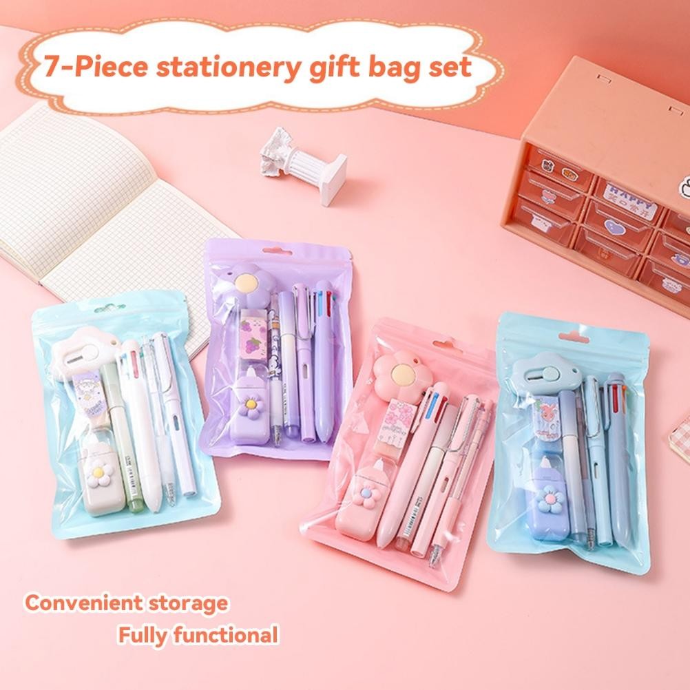 

RB [COD] Set 7-Piece-Set Set Alat Tulis Kawaii Paket Hadiah Perlengkapan Sekolah Lucu Berbagai Macam Alat Tulis, Bahan Plastik