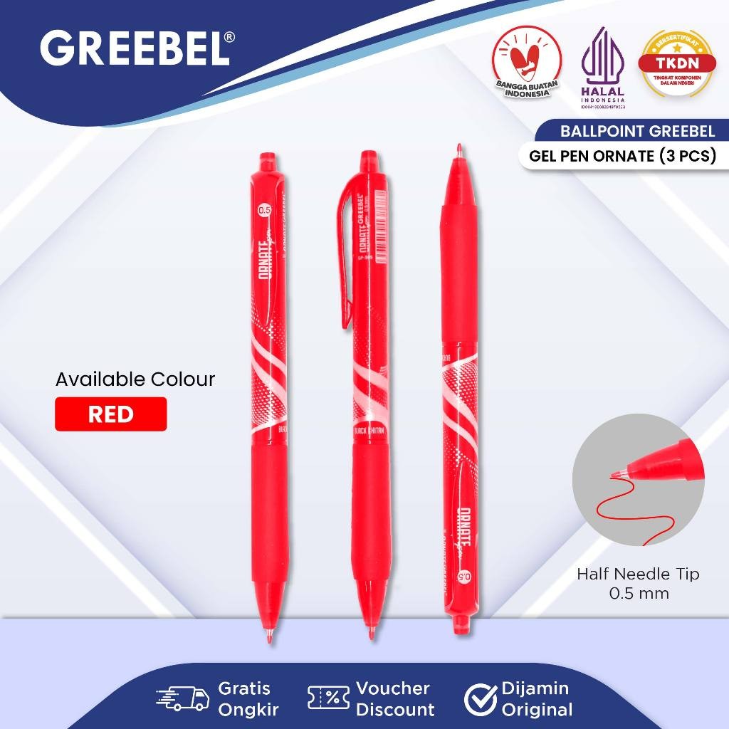 

GREEBEL PULPEN GEL / Gel Pen Gp- 505 Ornate Merah 0.5 (3PCS/SET) / Ballpen Gel Ballpoint Bolpen Bolpoin Pena Gel