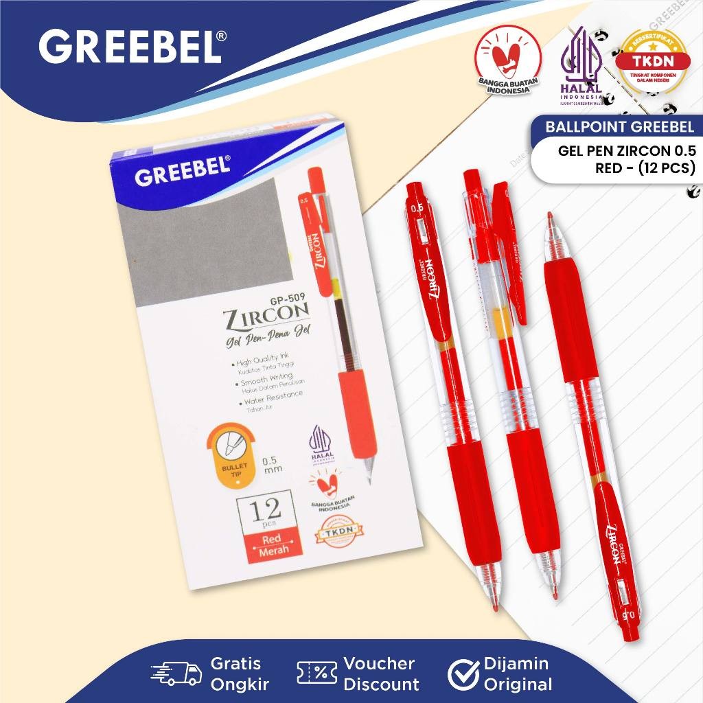 

GREEBEL Pulpen Gel / Gel Pen GP-509 Zircon 0.5 Merah (12PCS/SET) / Ballpen Gel Ballpoint Bolpen Bolpoin Pena Gel
