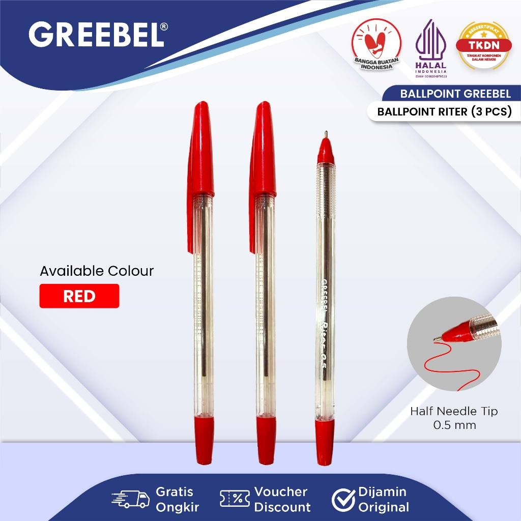 

GREEBEL Pulpen Ballpen / Riter 0.5 Merah (3PCS/SET) / Ballpoint Bolpen Bolpoin Pena Gel