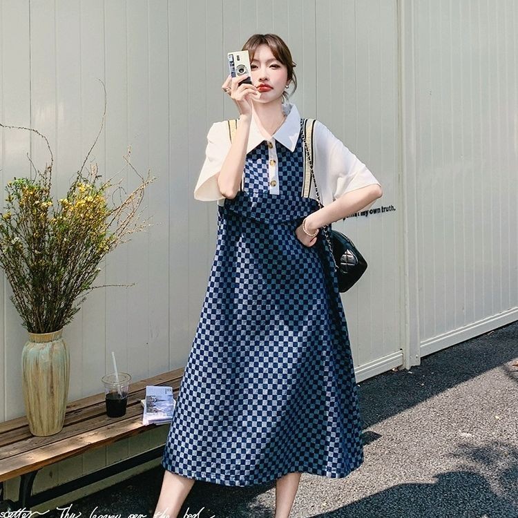 Gaun Kemeja Gaya Prancis Patchwork Kotak-kotak