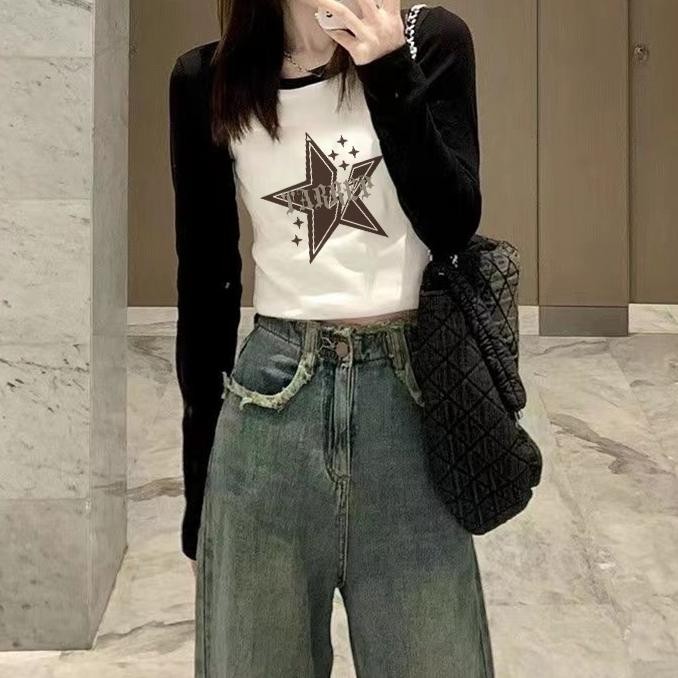 [original] koikoo kaos crop top korea premium lengan panjang | five-pointed star tshirt lengan panja