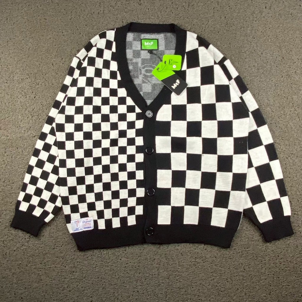 CARDIGAN OVERSIZE MCF SUPPLY CO ORIGINAL CHECKERBOARD ART BLACK WHITE