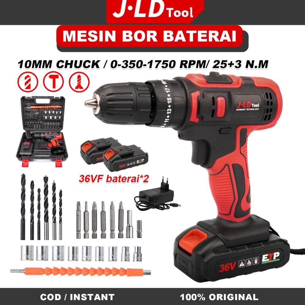 JLD 36VF Mesin Bor Impact Baterai Mesin Bor Cordless Bor Cas Tangan Listrik multifungsi promo 24pcs 