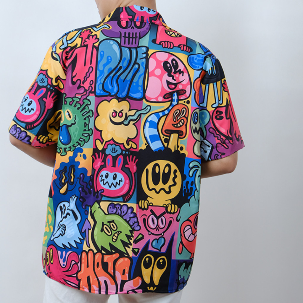 GOKS Baju Kemeja Kekinian Hem Motif Pria Wanita Trend Distro Jumbo Motif Terbaru MONSTER KOTAK 073