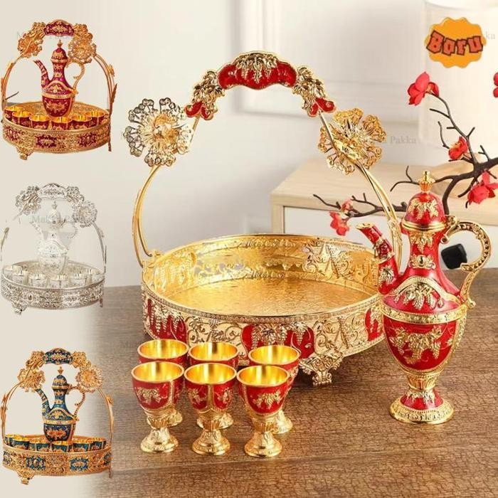 JUAL 8PCS SET GELAS ANGGUR KENDI ORNAMEN EMAS / SET TEKO DAN CANGKIR VINTAGE / UKIRAN INDAH BERGAYA 