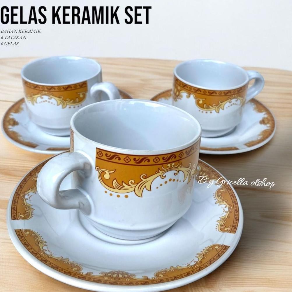 Ready Promo 1 Set Gelas Keramik Lucky Motif Mahkota Emas Isi 12 Pcs (6 Gelas+6 Tatakan)