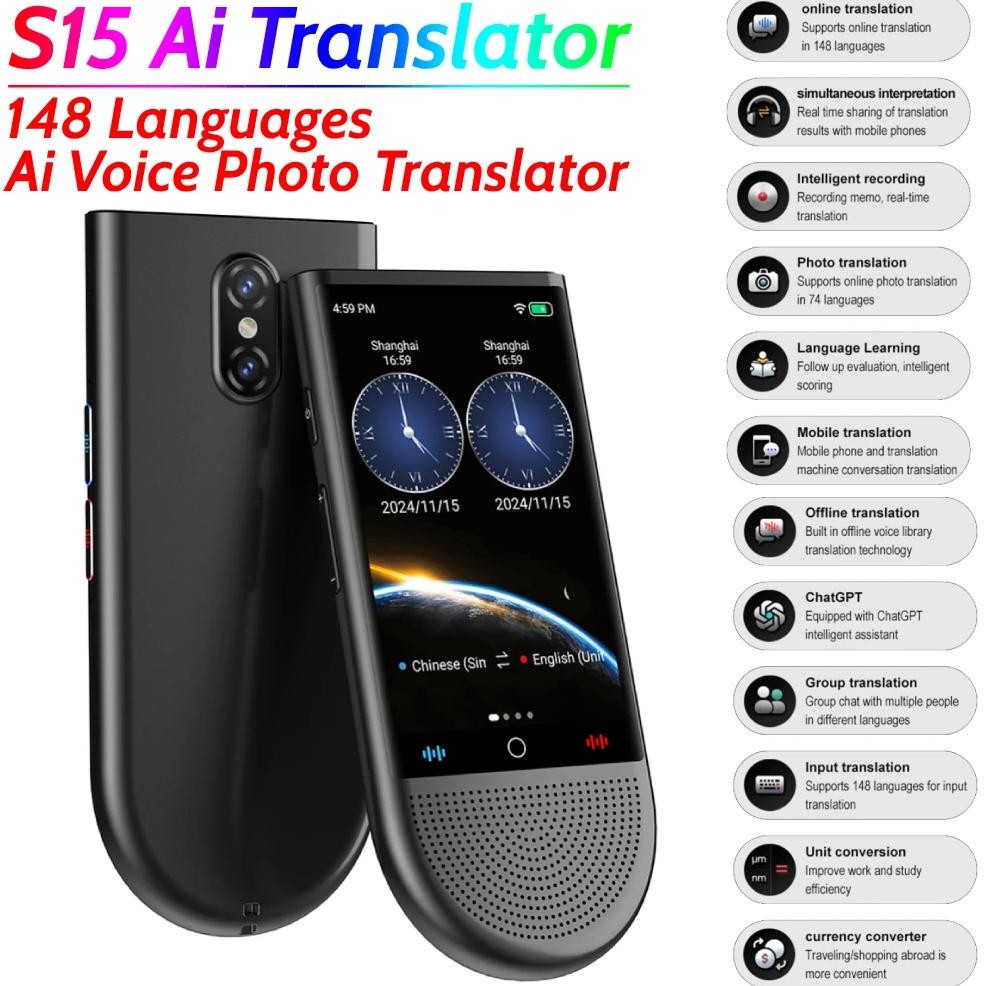 

S15 4G Portable AI Translator 148-Language Real-time Ai Voice Photo Translator Offline Online Language Translator Device