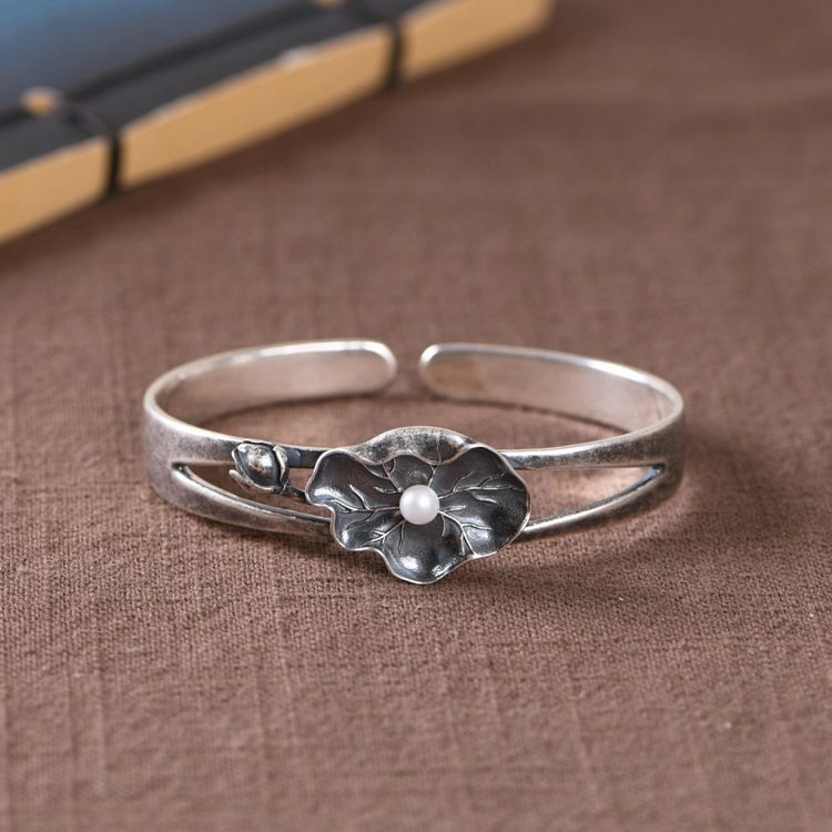 S925Gelang Vintage Perak Gelang Daun Lotus Terbuka