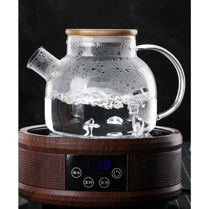 Tersedia TECFUTON Teapot Teko Teh air panas kaca dengan tutup kayu anti panas High Borosilicate berk