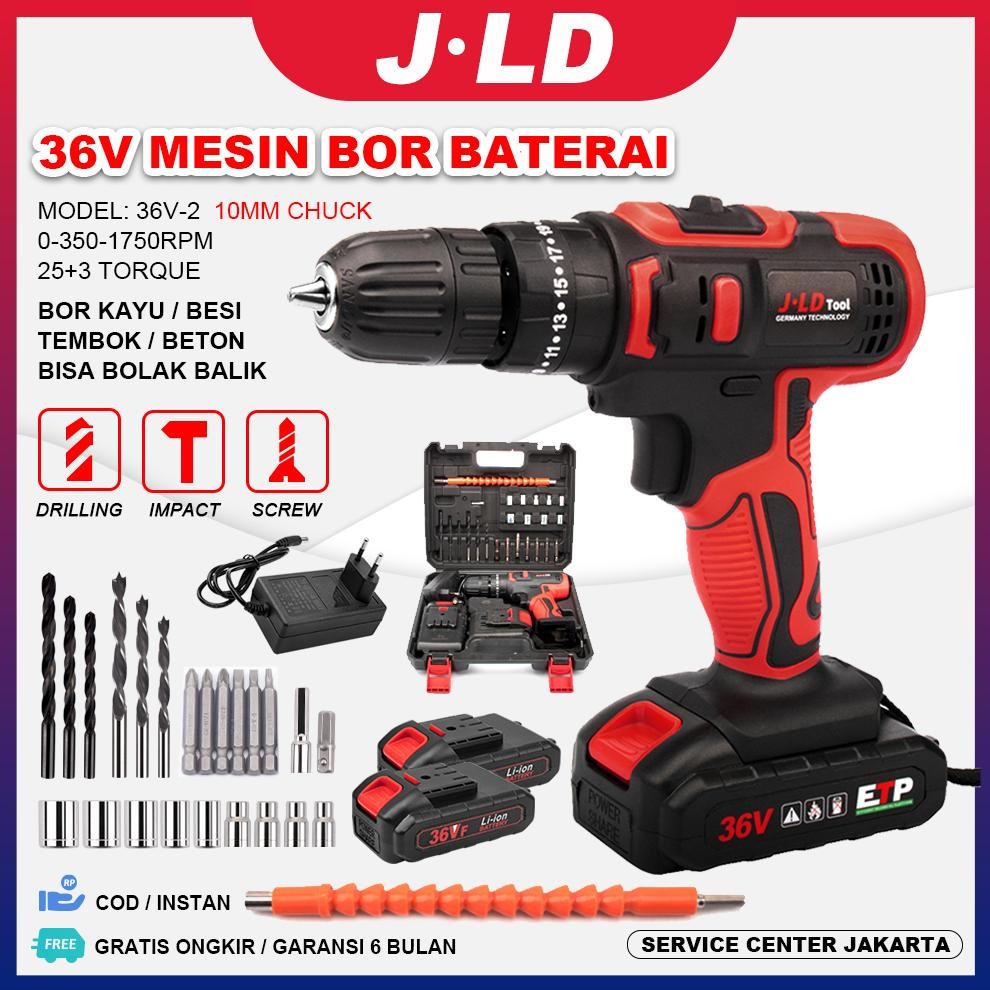 JLD 36vf Mesin Bor Baterai Tangan Cordless Drill Impek Baterai Komplit 10mm Bor BetonKayuDindingTemb