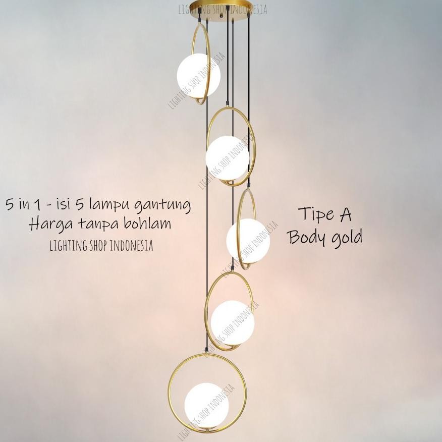 Lampu gantung void tangga 5in1 gold hitam kaca modern minimalis 5lampu