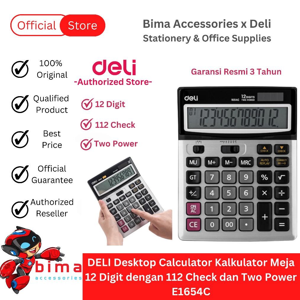 

LINDU DELI Kalkulator Calculator 12 Digit Besar Kecil Layar Lengkap 112 Check Power Surya & Baterai E1654C