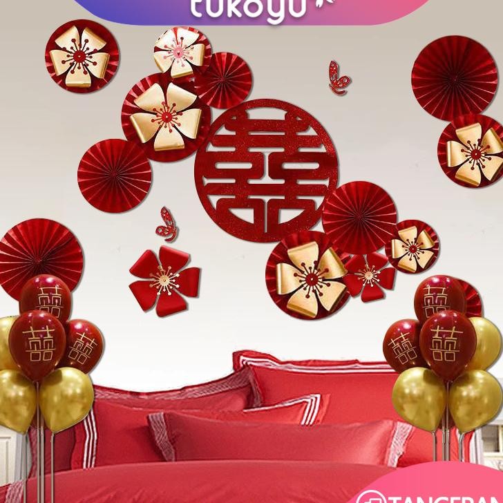 Double Happiness Dekor Room Weddingbadrop Sangjit Shuangxi Tempelan Dinding