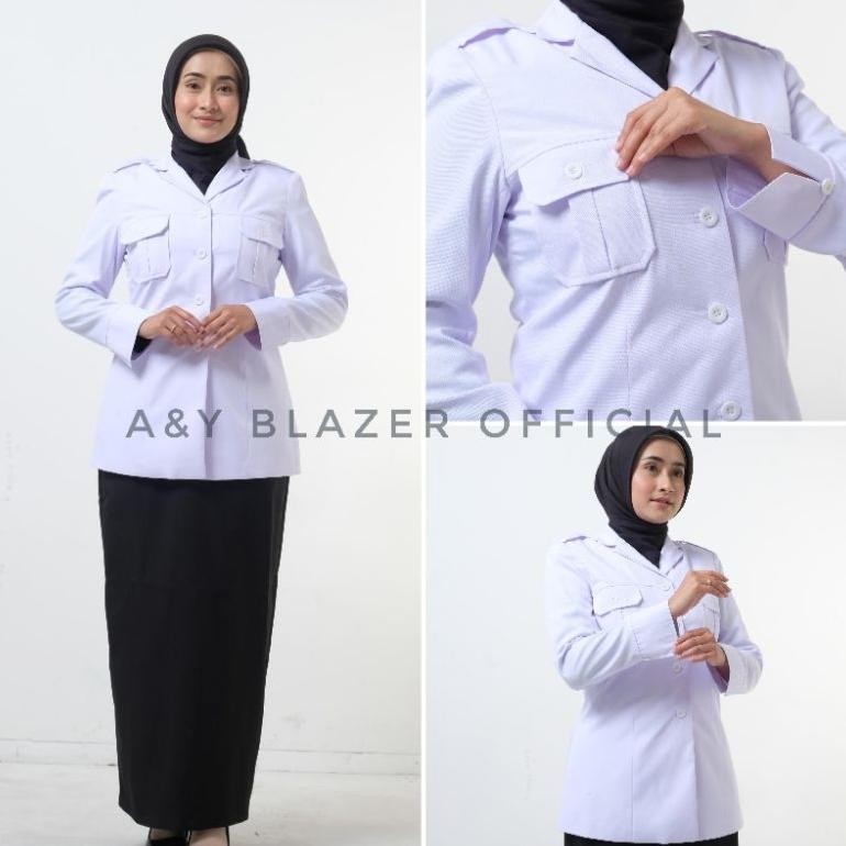 gfd-6 CQ37 Me41 [09] A&Y Blazer Baju Seragam Saku Dada Pdh Guru / Pns Wanita Warna Khaki Tua & Putih