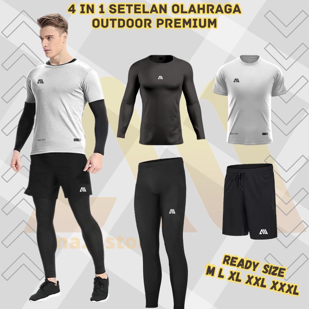 [ 4 in 1] Full Set Stelan Olahraga Pria Premium Manset Baju Futsal Running Putih size M - 3XL