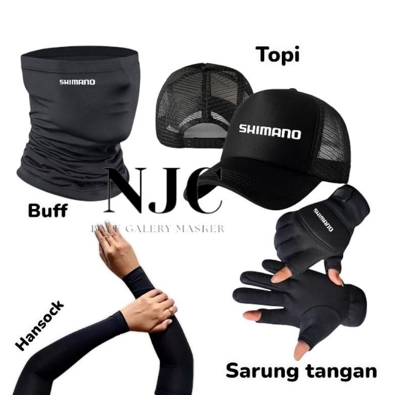 TERLARIS 4 Ini 1 Paket Hemat Mancing (Shimano) Sarung Tangan 2 Jari Buntung+Baff+Manset+Topi Jaring 