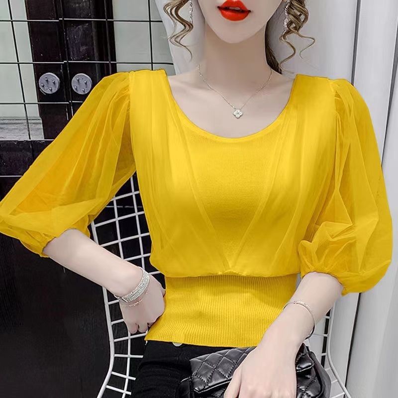 Women's Mesh Patchwork Puff Sleeve Ice Silk T T-shirt