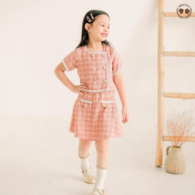 Marves - Leora Setelan Dress One Set Baju Anak Perempuan Korean Style Bahan Tweed Wool Lengan Pendek