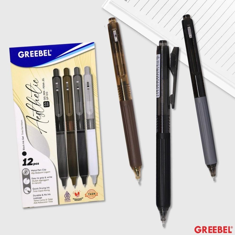 

GREEBEL PULPEN GEL / Gel Pen Aesthetic GP-513 0.5 Hitam (12PCS/SET) / Ballpen Gel Ballpoint Bolpen Bolpoin Pena Gel
