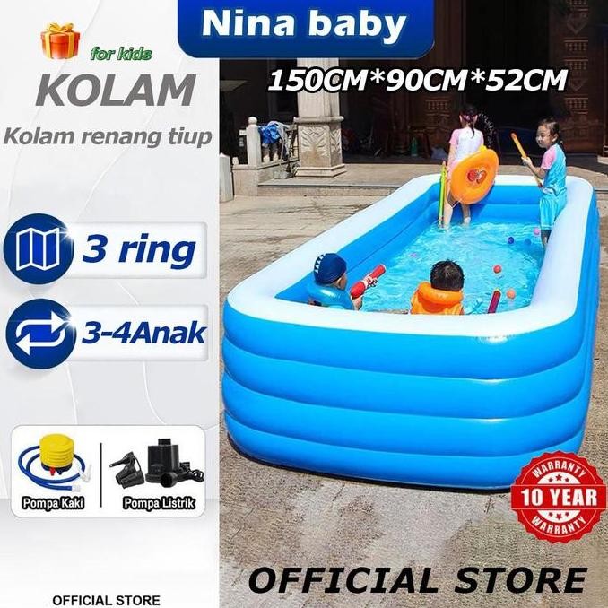 ''Terlaris" Kolam Renang Anak Besar 3 Ring 10*10*0 Cm Kolam Mandi Pompa Tiup Inflatable Kolam Balon 