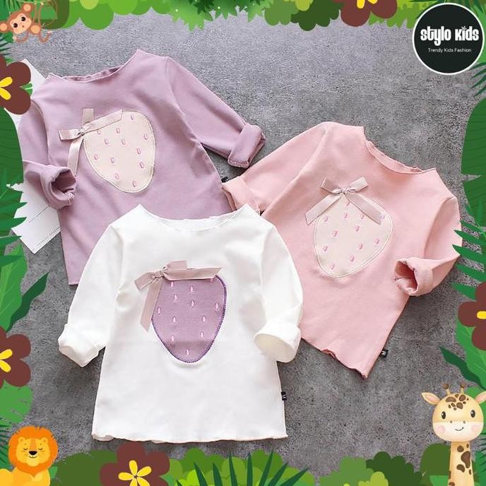 Tersedia Baju Kaos T-Shirt Fashion Anak Perempuan Lengan Panjang Motif Strawberry Warna Putih, Pink 