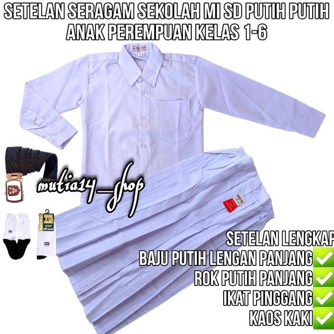 Tersedia setelan seragam putih putih sekolah SD anak perempuan baju putih polos lengan panjang rok p