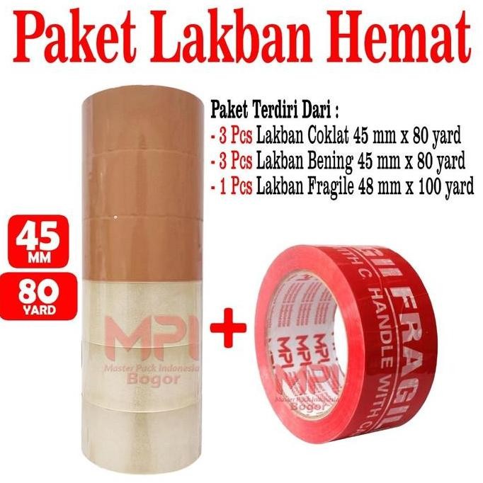 

Termurah Paket Lakban Hemat - 3 Pcs Lakban Coklat + 3 Pcs Lakban Bening Mpi 45 Mm X 80 Yard + 1 Pcs Lakban Fargile Merah 48 Mm X 100 Yard