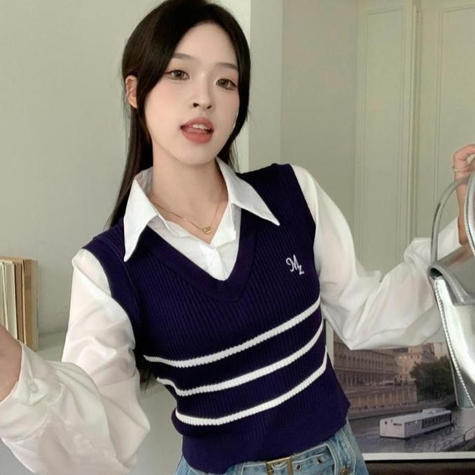 AJW [XCE] Atasan Wanita Crop Top V-Neck Kerah Polo | Baju Atasan Wanita Terbaru Rompi Knit Vest Polo