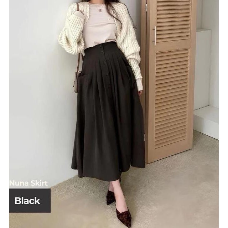 Tersedia Rok Kancing Nuna Cotton Stretch Bawahan Wanita Panjang Cewek Dewasa Baju Casual Pendek Shak