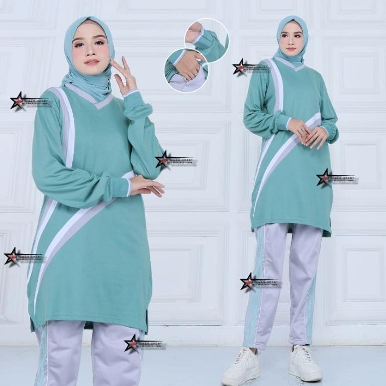 Seragam Kaos Olahraga Senam Wanita Muslimah Model Tunik Lengan Panjang / Setelan Baju Olahraga Senam