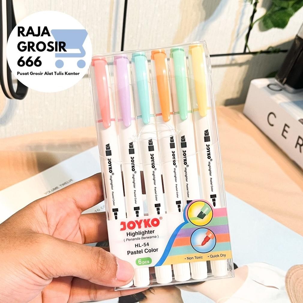 

Joyko Highlighter Pastel set isi 6 pcs HL54 warna warni colorful tosca baby blue pink yellow orange peach penanda tulisan Spidol