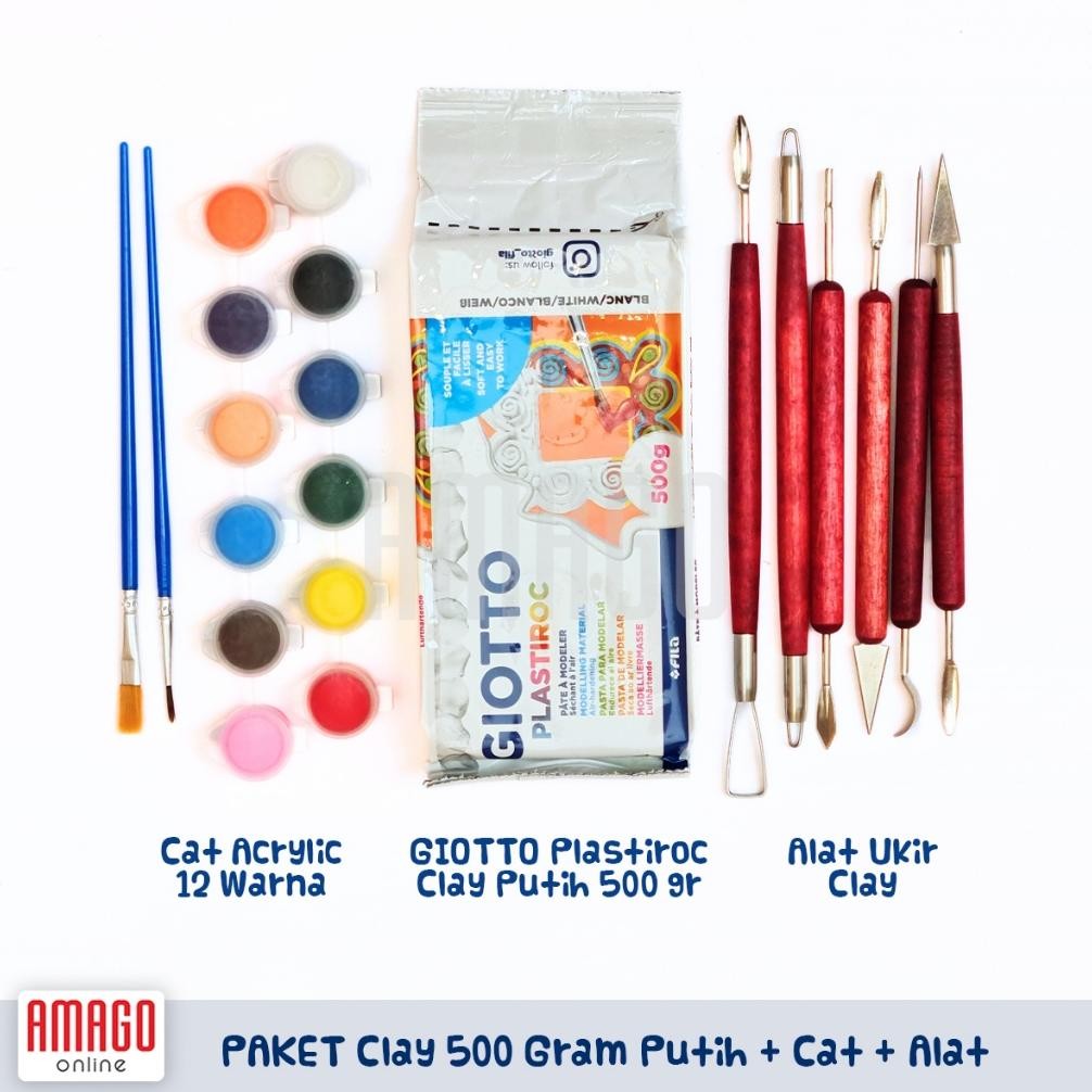 

PAKET lengkap Giotto PLASTIROC Modelling Clay 500 gram Putih + 6 bh Alat ukir + Cat Acrylic 12 warna + 2 bh Kuas AST