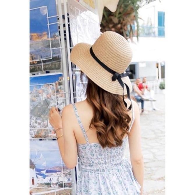 Topi Wanita Pantai Pita Lipat Jerami Fashion korea Pelindung Matahari Coklat Pink Putih GS