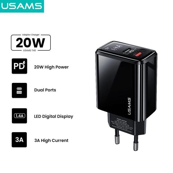 Usams T40 Adapter Charger Fast Charge Digital Display Qc3.0 Pd 20W