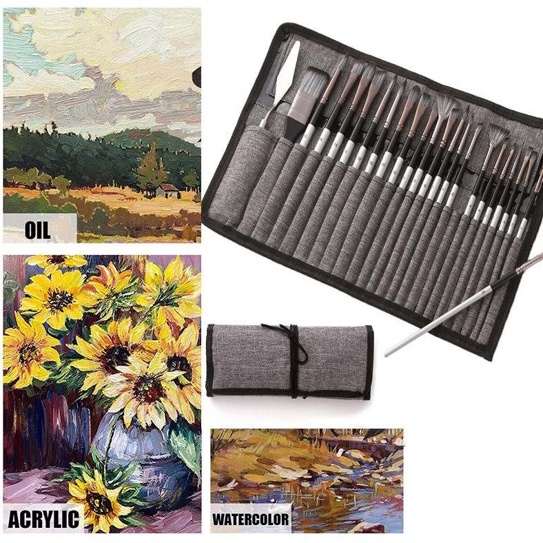 

[COD] Set Kuas Lukis Cat Air Acrylic Oil Watercolor Minyak Nylon Paint Round Flat Liner Blending Fan Filbert Brush 24 PCS Perlengkapan Gambar Lukisan Painting Seniman Lengkap All in One Melukis Organizer Canvas Roll AST