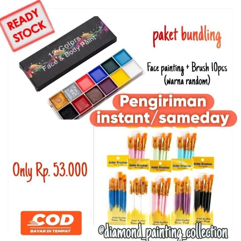 

[SPECIAL BUNDLING] 12 Warna Face Painting + 1 Set Kuas Lukis Isi 10pcs Painting Brush AST