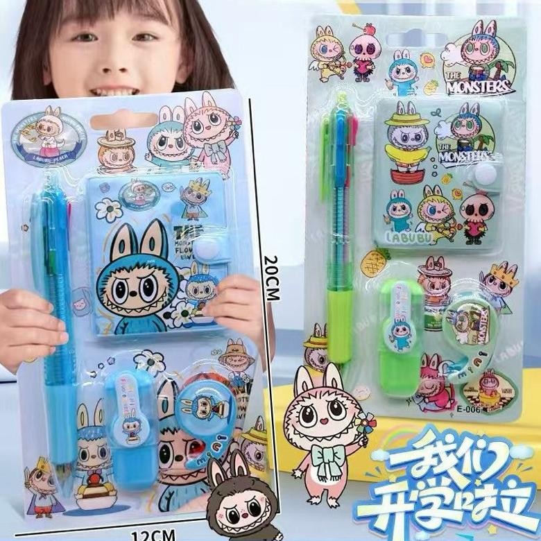 

LABUBU 4 in 1 set stationery paket alat tulis pulpen 4 warna buku notebook diary stabilo isolatip halloween hadiah goodiebag souvenir ulang tahun birthday ultah anak sekolah AST