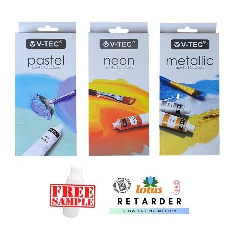 

V-TEC Acrylic Colour Pastel Neon Metallic Set 12 Warna x 6ML Tube AST