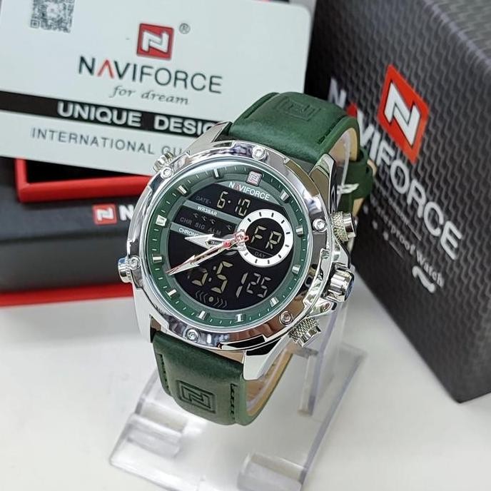 Tersedia jam tangan pria NAVIFORCE 9208 Tali kulit hijau Dualtime original