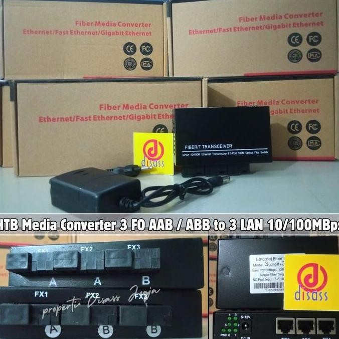 Htb Media Converter 3 Fo Sc Fiber Optic Port To 3 Ethernet Switch Lan New Stok