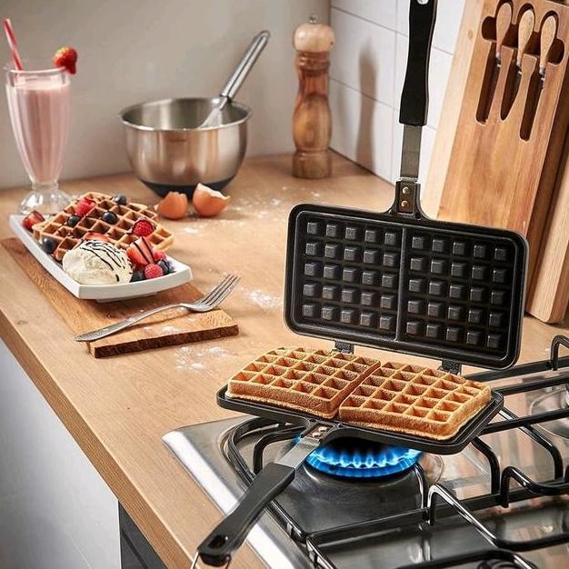 Waffle Maker Beian Cetakan Wafle Manual Persegi Double Croffle Kompor Gas Cetakan Waffel Wafel Alumi